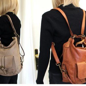 Leather Bag Backpack Soft Handbag Totes for Women Beige